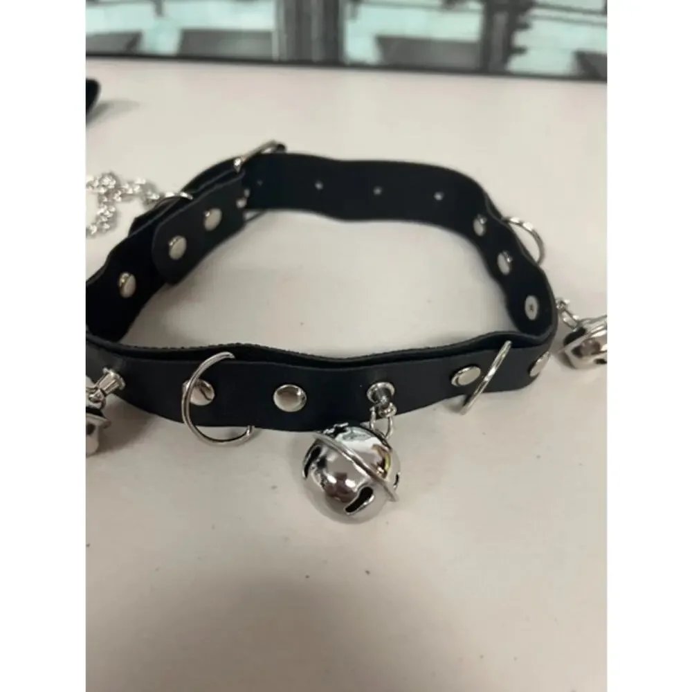 Punk Goth Black PU Leather Choker Collar with Bells and Leash Set